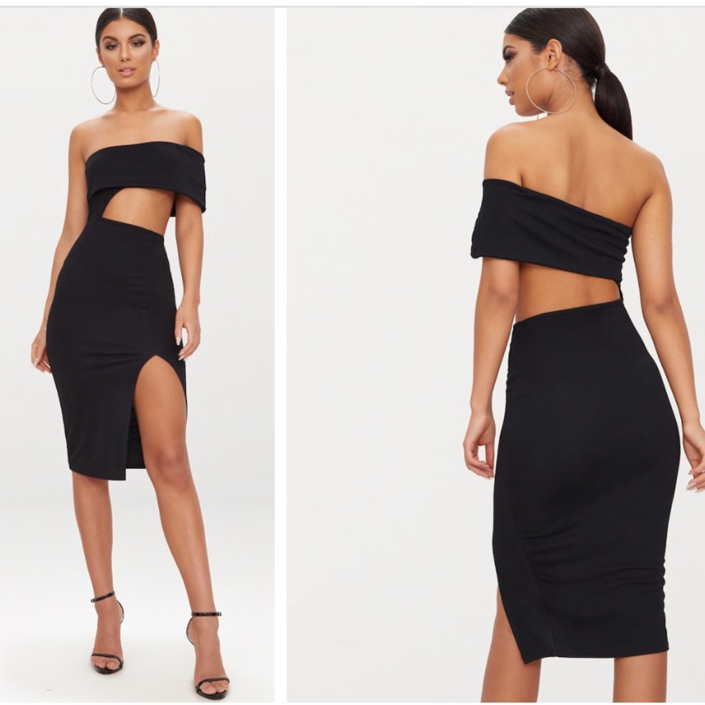 Black One Shoulder Asymmetric Cut Out Midi Dress